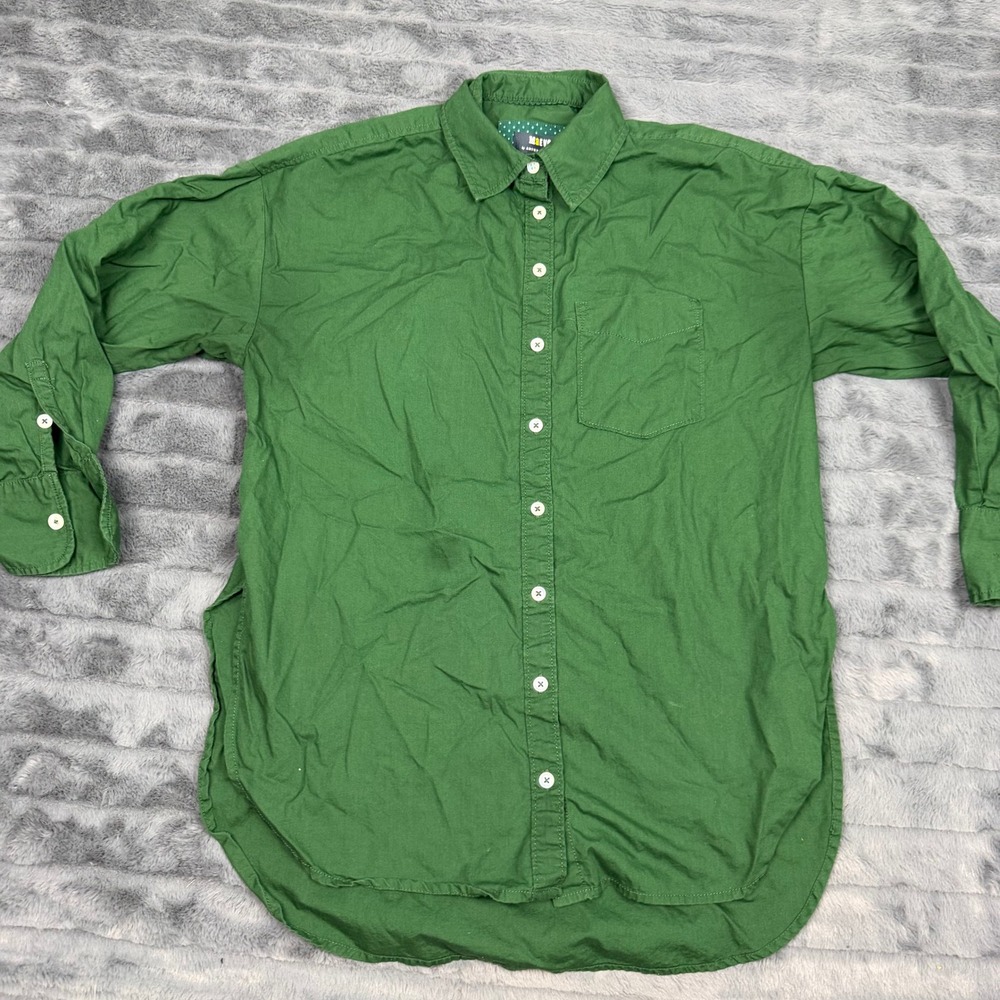 Maeve Anthropologie Green Cotton Button Down Shirt XS Pocket High Low Hem